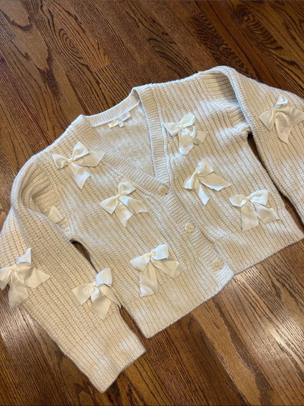 Love Shack Fancy Ivory Bow-Appliqué V-Neck Cardigan Sweater
